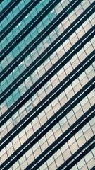 diagonal perspective of a building's glass façade emphasizes uniformity and repetition, with muted reflections of light and the sky adding a soft contrast to its rigid structure.