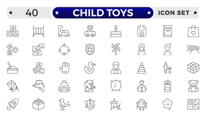 Child Toys, Baby, children and child outline icon set. Newborn, diaper, baby bottle, crib, pacifier, toy, pin, bib, first days of life, supplies, healthcare, transportation and safety.