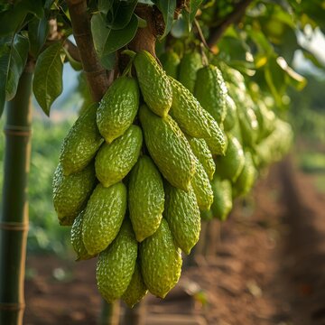 A Bountiful Harvest of Vibrant Green Etrog Citrons Hanging from a Lush Tree Branch, Basking in the Warm Sunlight of a Sunny Orchard.