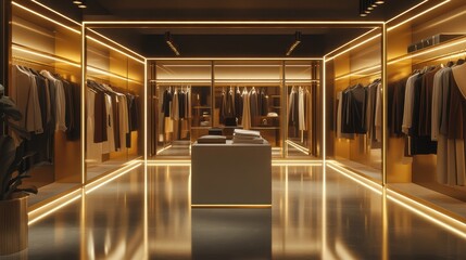 Luxurious Walk-in Closet with Illuminated Golden Accents and Designer Clothing.