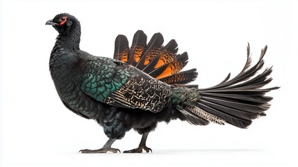 Black pheasant with iridescent plumage and fanned tail.