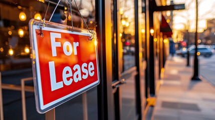A "For Lease" sign hangs in front of a storefront, illuminated by warm evening light, signaling available commercial space.