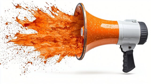 Orange megaphone, announcement splash, white background, marketing