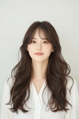 Fototapeta premium Portrait of a Smiling Woman with Long Flowing Hair in a White Shirt