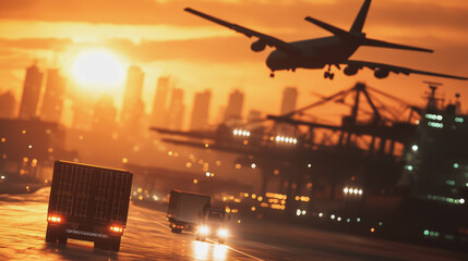 Container truck in ship port for business Logistics and transportation of Container Cargo ship and Cargo plane with working crane bridge in shipyard at sunrise, logistic import export and transport