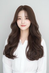 Fototapeta premium Portrait of a Smiling Woman with Long Flowing Hair in a White Shirt