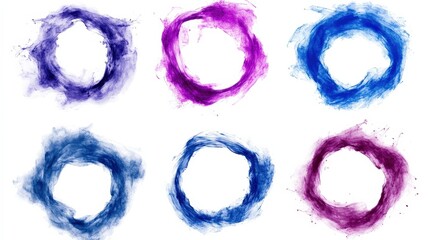 Colorful abstract ink splatter round frames in various shades of blue and purple on white background, creating dynamic and artistic design