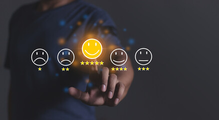 Happy Customer, Young Man hand touching emoji and five star to review and give 5 stars with very good results in service, Good review 5 star rating choice feedback