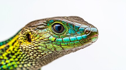 Close-up of a vibrant green and blue lizard head with detailed scales.