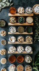 Fototapeta premium Variety of Natural Supplements and Herbal Remedies in Glass Containers