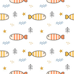 Fish orange and yellow cartoon so cute. On starfish wave white background. Pattern seamless vector illustration. 