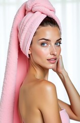 Beautiful Woman with Pink Towel Turban