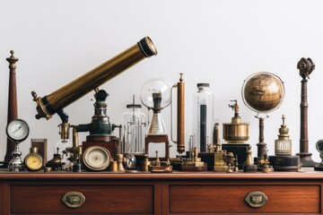 Fototapeta premium A collection of antique scientific instruments, including a telescope, globe, and various measuring devices, displayed on a wooden cabinet.