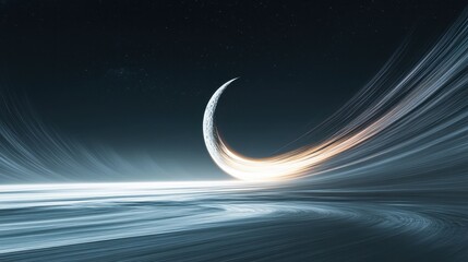Abstract Crescent Moonscape with Flowing Light Streaks and Starry Night Sky