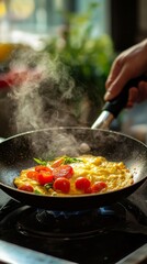 Freshly Cooked Omelette with Cherry Tomatoes in Pan on the Stove