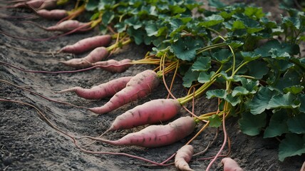 Sweet potato vines trailing in a garden setting.