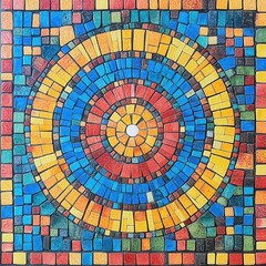 Fototapeta premium Vivid Circular Mosaic Tile Artwork Abstract Decorative Pattern in Blue, Yellow, Red and Orange.