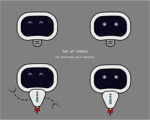 Set of robots- ai and technology, flying robot and on wheels. Smiling robot