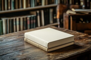 Stack of Two Hardcover Books on a Rustic Wooden Table in a Library, Classic Literature