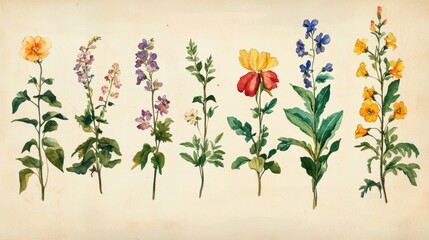 Botanical Illustration Antique Watercolor Painting of Assorted Wildflowers and Garden Flowers on Cream Paper