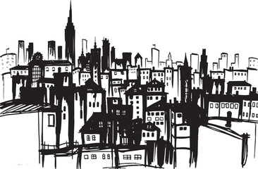 Obraz premium City landscape. Different buildings on street, outline cityscape hand sketch, flat houses. Hand drawn vector illustration