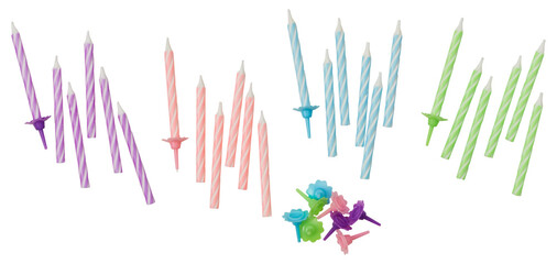 Different types of birthday candles cut out isolated transparent background