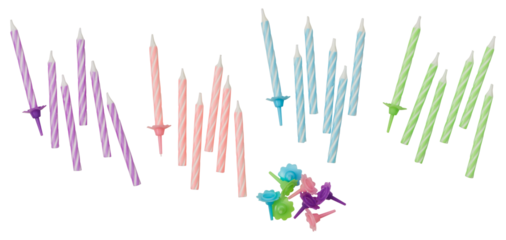 Different types of birthday candles cut out isolated transparent background