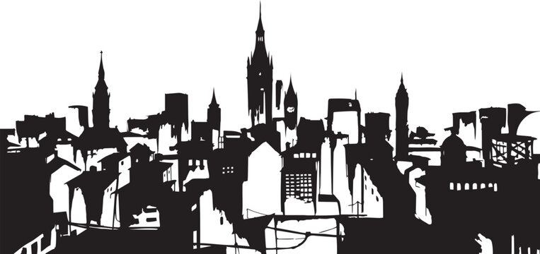 City landscape. Different buildings on street, outline cityscape hand sketch, flat houses. Hand drawn vector illustration