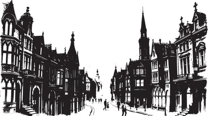 Fototapeta premium City landscape. Different buildings on street, outline cityscape hand sketch, flat houses. Hand drawn vector illustration