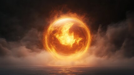 Fiery Sphere Floating Over Water Intense Energy Ball with Flames and Smoke