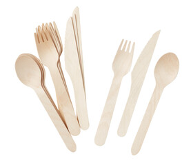 Wooden spoon and fork, natural material cut out isolated transparent background