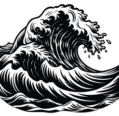 Obraz premium Ocean wave and sea wave crest sketch stock image minimalist line drawing vector illustration hand drawing design element for poster, emblem, banner, sign, and t-shirt. 