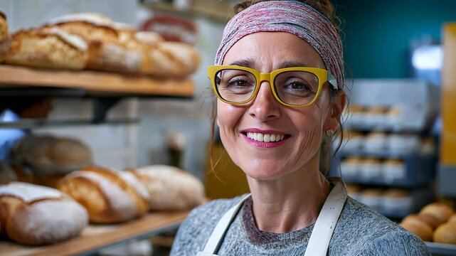 smiling Caucasian woman at her bakery shop, various type of bread on shelf