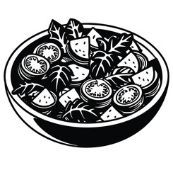 Fresh lettuce and tomato salad, a healthy vegetarian appetizer on a plate vector sketch freehand outline hand drawn sketchy line art icon sign silhouette illustration