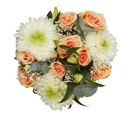 Cream colored flower bouquet, top view cut out isolated transparent background