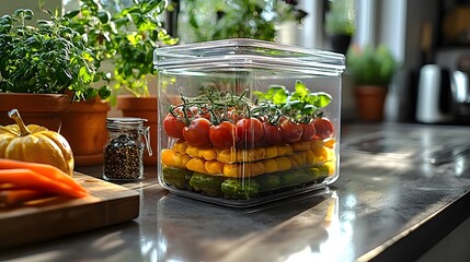 A transparent airtight food safe container with a sleek lid placed on a bright kitchen countertop