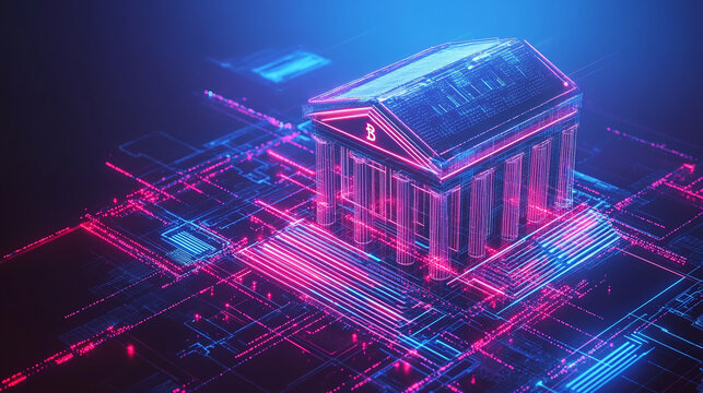 A futuristic decentralized bank with no physical location, operating on blockchain technology and digital currency