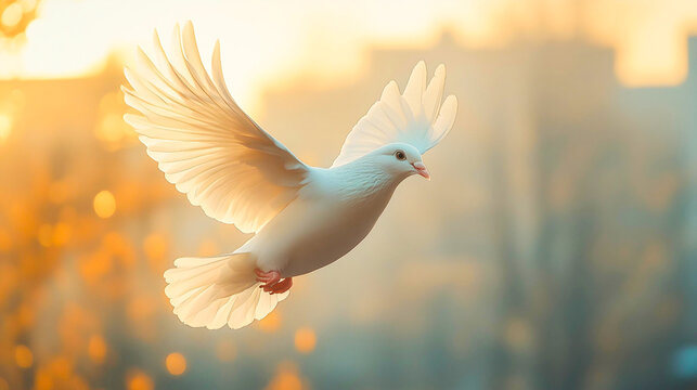 Colombe blanche en vol sur soleil couchant