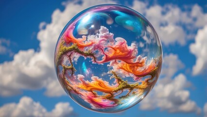 "Soap Bubble Floating in a Blue Sunny Sky Over City Blocks: A Symbol of Freedom"