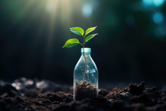 Small green plant growing in glass bottle on soil with sunlight rays. Environmental care concept for Earth Day, Arbor Day, World Environment Day, Plant a Tree Day - Powered by Adobe