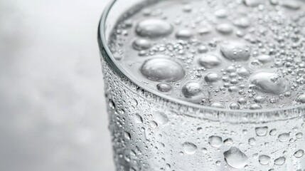 Close-up of a Refreshing Glass of Sparkling Water with Condensation and Bubbles