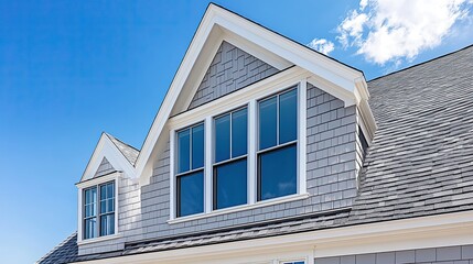 Close-up view of a modern home featuring gray shingle walls and gable roofs under a bright blue sky in New England
