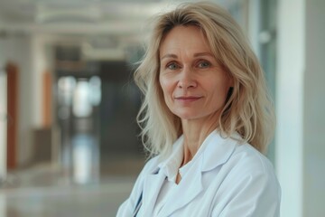 Mature female doctor in hospital corridor. Neural network AI generated