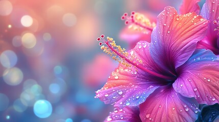 Fototapeta premium Vibrant Hibiscus Flowers Dew Drops Soft Background