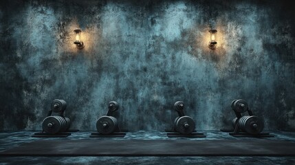 Industrial gym dumbbells, concrete wall, lighting, workout