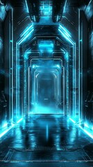 Futuristic Neon Corridor with Glowing Blue Lights and Sci-Fi Atmosphere