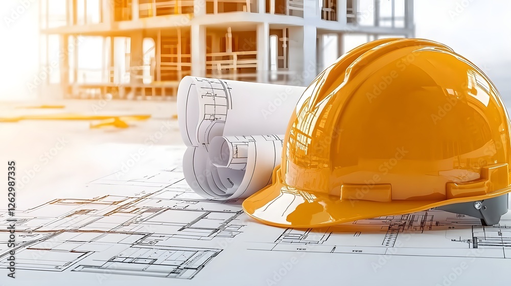 Aufkleber Close up view of detailed architectural blueprints and a protective hard hat placed on a solid surface highlighting the planning engineering and execution of a construction project