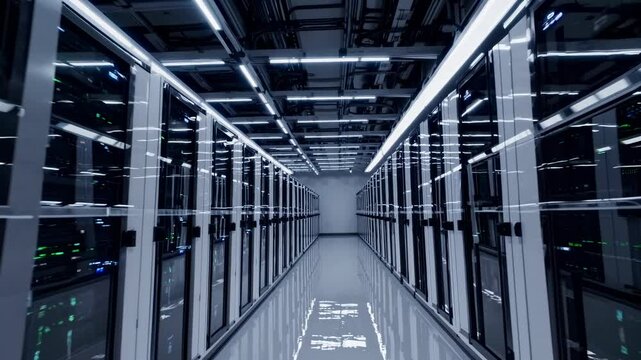 Futuristic data center with a low-angle view, showcasing endless server racks and reflective floors, reminiscent of a sci-fi video setting.