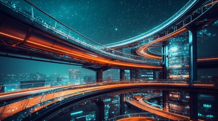 Futuristic Cityscape with Neon Lights and Elevated Roads at Night