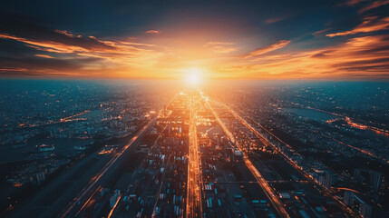 Container truck in ship port for business Logistics and transportation of Container Cargo ship and Cargo plane with working crane bridge in shipyard at sunrise, logistic import export and transport